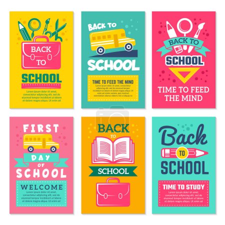 Illustration for Cards with schools symbols. Back to school cards template isolate. Banner first day school, welcome banner vector illustration - Royalty Free Image