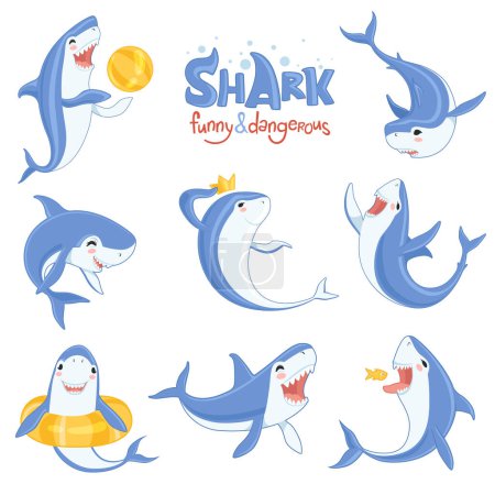 Téléchargez les illustrations : Requin dessin animé nageant. Océan grandes dents bleu poisson souriant et en colère illustrations vectorielles de mammifères personnages dans diverses poses. Nage des requins, prédateur en colère aquatique - en licence libre de droit