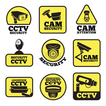 Ilustración de Etiquetas de CCTV. Ilustraciones vectoriales con símbolos de cámaras de seguridad. Vigilancia de cámaras para protección y seguridad
, - Imagen libre de derechos