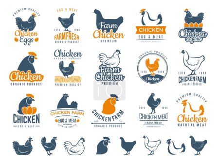 Téléchargez les illustrations : Insignes de poulet. Étiquettes vectorielles pour oeufs et poulets à griller frais de logotype alimentaire de ferme. Oeuf de poulet et logotype de viande, illustration de l'étiquette de l'insigne de ferme - en licence libre de droit