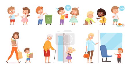 Illustration for Behaving kids. Childrens with good manners helping to adult and otherness helpful respect vector characters. Manners and obedient, courteous and respectful, interaction politeness illustration - Royalty Free Image