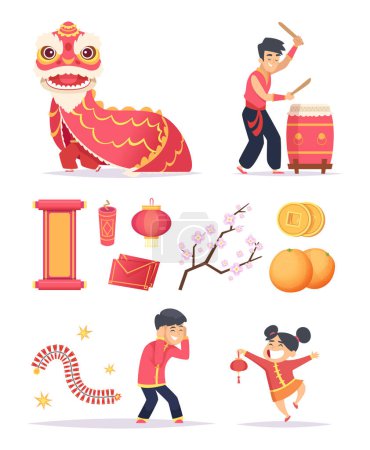 Téléchargez les illustrations : Nouvel an chinois. Dragon pétards lanterne en papier et joyeux personnages enfants célèbrent 2019 images vectorielles. Illustration de célébration nouvel an Chine - en licence libre de droit