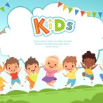 Children jumping background. Happy kids playing male and female on playground vector template with place for your text. Happy girl and boy, play fun jumping, friendship and childhood illustration