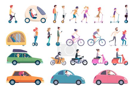 Ilustración de Transporte urbano. Gente conduciendo coches scooter bicicleta hoverboard segway actividad urbana gente estilo de vida vector conjunto. Activo urbano, unidad y scooter, ilustración de transporte de paseo - Imagen libre de derechos