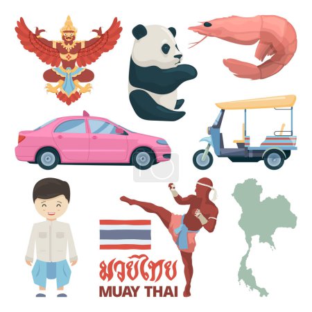 Téléchargez les illustrations : Collection de repères de thailand et de différents symboles traditionnels. Thaïlande culture, emblème national traditionnel, illustration vectorielle - en licence libre de droit
