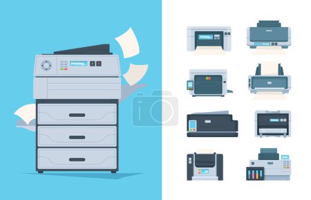 Kopierer. Verschiedene Drucker PC-Terminal der Kopiertechnik Komponenten Fax Druckerei Gadgets Vektor flache Bilder. Fotokopierer und Publikationskopierer, bunte Ink-Jet-Illustration