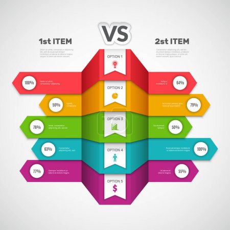 Illustration for Comparison infographic. Business chart with choice elements or products infotable versus arts vector compare graph. Infographic presentation comparison vs, info selection and compare illustration - Royalty Free Image