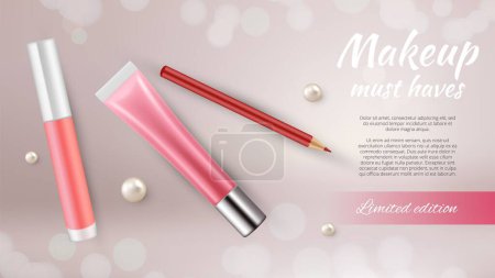 Illustration for Cosmetic ads banner. Realistic make up pencil pipstick and gloss. Beauty vector background. Realistic cosmetic lipstick, promo banner cosmetology illustration - Royalty Free Image