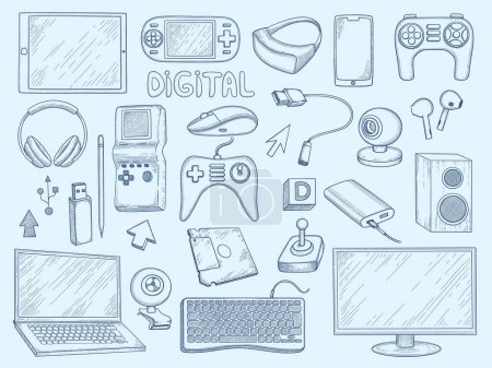 Illustration for Computer devices. Electronic gadgets tablet smartphone pc laptop display screen photo camera vector hand drawn illustrations. Device computer and laptop, smartphone and game controller - Royalty Free Image