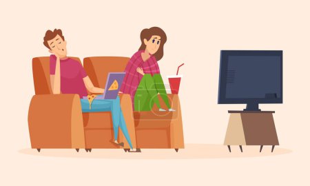 Illustration for Couple watching TV. Isolation period, lazy man woman eating pizza. Guy fell asleep in chair, girl in plaid see night show vector illustration. Man and woman on couch together watch movie - Royalty Free Image