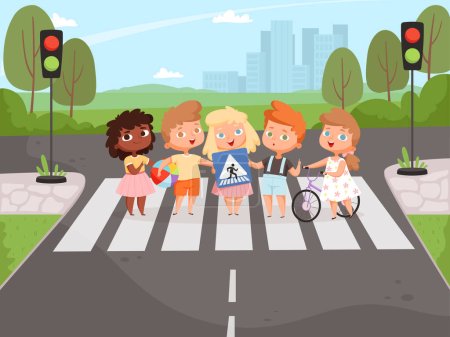 Illustration for Crossroad rulles. Children learning safety road traffic lights on street and signboards vector background. Safety child boy and girl, cartoon crossing road illustration - Royalty Free Image