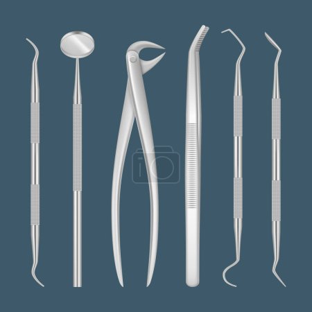 Illustration for Dentist tools. Medical items for close up inspecting tooth hospital dental clinic professional hygiene in metal instruments vector realistic pictures. Illustration dentist mirror, dentistry equipments - Royalty Free Image