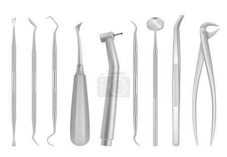 Illustration for Dental clinic tools. Medical items for dentists oral inspection tooth vector realistic chrome instruments. Medical dental equipment, dentist mirror realistic for healthcare illustration - Royalty Free Image