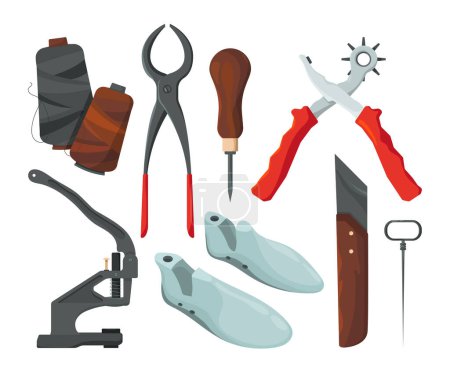 Illustration for Different tools for shoe repair. Vector pictures in cartoon style. Illustration of shoe repair tools, shoemaker equipment - Royalty Free Image