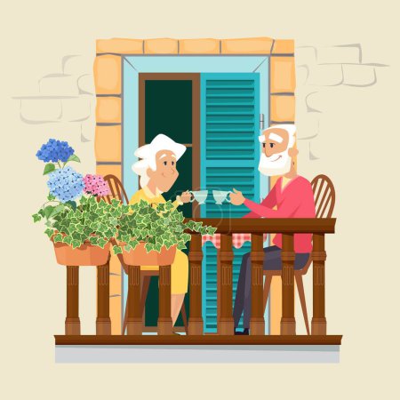 Téléchargez les illustrations : Couple âgé sur le balcon. Quartier, restez chez vous. Mignon vieil homme et femme boire du thé sur la terrasse florale illustration vectorielle. Personnes âgées en quarantaine, balcon de la fenêtre, mode de vie familial - en licence libre de droit