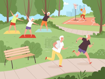 Ilustración de Actividad en parques de ancianos. Las personas mayores abuelos caminando en el parque urbano estilo de vida saludable de feliz senior ejercicios de recreación vector. Abuela y padre ancianos corriendo ilustración - Imagen libre de derechos