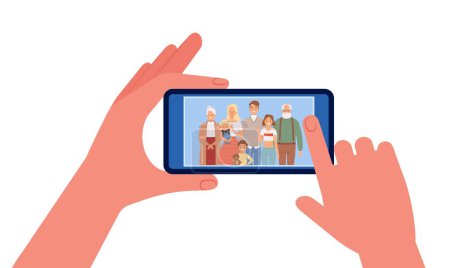 Illustration for Family photo. Hands holding smartphone with people image. Selfie vector illustration. Family selfie, smile mother father, photograph photographing picture - Royalty Free Image