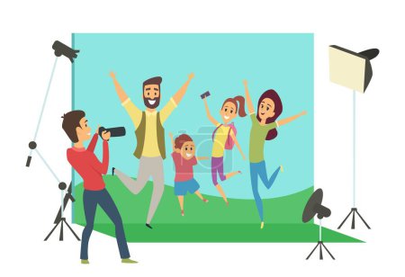 Illustration for Family photo shoot. Mother father children in studio. Professional photographer with camera and equipment. Cartoon happy people make portrait vector illustration. Family photo session shoot by camera - Royalty Free Image