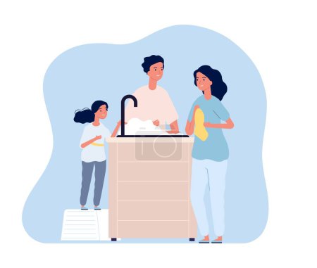 Illustration for Family washing hands. Woman drying arm with towel, man and girl cleaning with soap foam and water. Self hygiene, virus protection vector illustration. Family hygiene wash and care together - Royalty Free Image