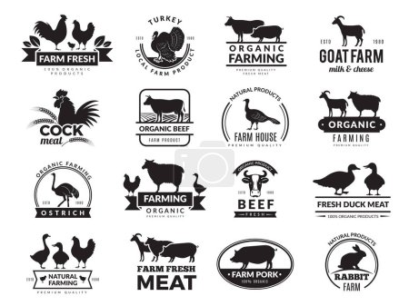 Téléchargez les illustrations : Animaux de ferme. Logo d'entreprise avec des animaux domestiques vache poulet chèvre aliments sains symboles collection ferme vectorielle. Illustration de la viande de vache, de poulet et de mouton - en licence libre de droit