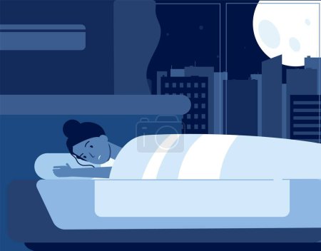Illustration for Female insomnia. Woman in bed, girl at night cant sleep. Mental problems, psychology disorder vector illustration. Female insomnia in bed, thinking in darkness at bedroom - Royalty Free Image