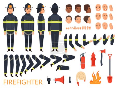 Photo for Fireman characters. Firefighter body parts and special uniform with professional tools combat fire extinguisher shovel axe vector. Illustration of firefighter constructor, professional uniform - Royalty Free Image