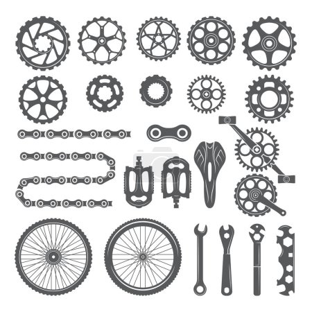 Engrenages, chaînes, roues et autres différentes parties du vélo. Pédale de vélo et éléments pour vélo, illustration vectorielle
