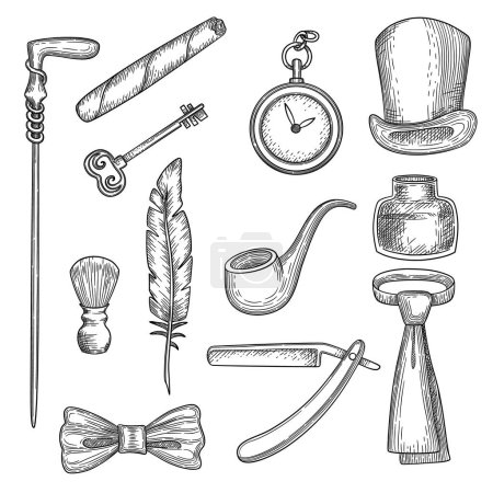 Illustration for Gentleman set. Retro hand drawn collection of man clothes and accessories whiskey clock smoking cylinder cutthroat vector fashion illustration. Gentleman clothing and fashion, cigar and bowler - Royalty Free Image