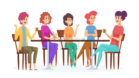 Illustration for Girlfriends meeting. Cute women party, female with drinks talking and smiling. Isolated girls in cafe vector illustration. Meeting coffee adult, conversation in restaurant - Royalty Free Image