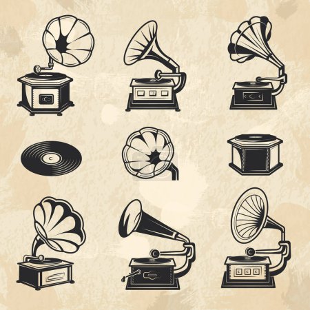 Ilustración de Colección de Gramófonos. Vintage radio música símbolos vinilo registros vector imágenes conjunto. Colección de gramófonos de ilustración, sonido de grabación - Imagen libre de derechos
