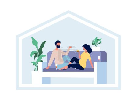 Illustration for Happy couple stay home. Domestic lifestyle, isolation period together. Hygge life, man woman on sofa drinking wine vector illustration. Couple woman and man in quarantine, family isolation at home - Royalty Free Image