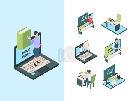 Illustration for Homeschool. Childrens and students at home isolation study online parents helping make exercises at home vector knowledge isometric pictures. People schooling, character online education illustration - Royalty Free Image