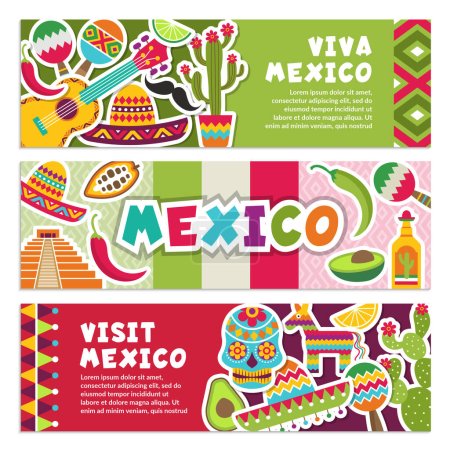 Téléchargez les illustrations : Bannières horizontales avec symboles mexicains. Viva mexico, visite à l'ethnie mexicaine. Illustration vectorielle - en licence libre de droit
