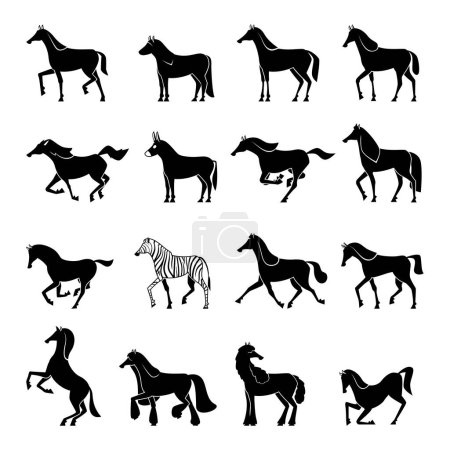 Illustration for Horse silhouettes. Strong beautiful domestic animals horses in action poses running walking gallop jumping vector illustrations. Stallion horse silhouette, wild black mustang, strong domestic animal - Royalty Free Image