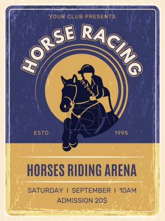 Illustration for Equestrian poster. Horse domestic ride animals with jockey in helmet training club placard vector vintage template. Banner racehorse, racing championship on hippodrome illustration - Royalty Free Image