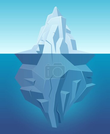 Iceberg in ocean. Big ice white rock in water polar landscape in cartoon style vector outdoor nature. Iceberg underwater, undersea and underside arctic illustration
