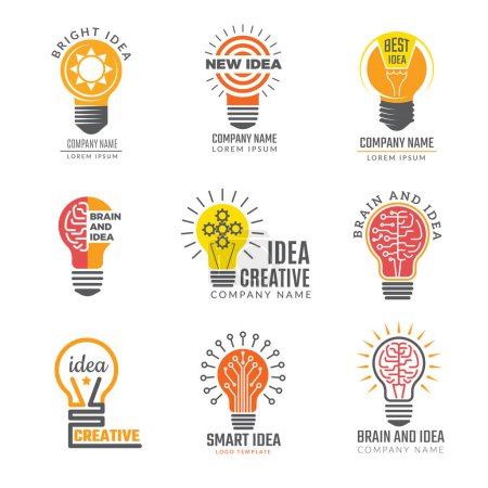 Illustration for Ideas bulb logotypes. Colorful creative lamp shape smart symbols powerful vector logotypes. Illustration of bulb idea logotype, intelligence brain badge - Royalty Free Image