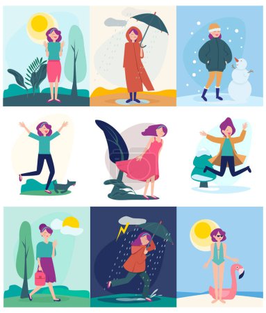 Illustration for Seasonal woman. Different weather outdoor character walking in different season conditions rainy windy snow storm or hot sun vector people. Woman summer and snow, spring and autumn illustration - Royalty Free Image