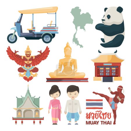 Téléchargez les illustrations : Illustrations vectorielles de monuments traditionnels de Thaïlande avec le texte Muay Thai. Voyage et tourisme, culture asiatique traditionnelle, temple et panda animal - en licence libre de droit