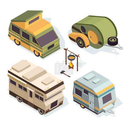 Illustration for Isometric camping cars. Vector pictures isolate on white. Illustration of camper transportation truck, motorhome auto - Royalty Free Image