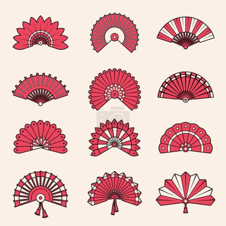 Illustration for Hand fan. Japanese authentic symbols chinese draw vector beauty shapes. Fan traditional accessory, asian culture chinese, japanese decoration illustration - Royalty Free Image