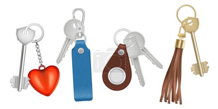 Illustration for Keys on keychains. Realistic bunch with keys trinket different forms circle shapes vector isolated pictures. Key with souvenir, keyring and breloque illustration - Royalty Free Image