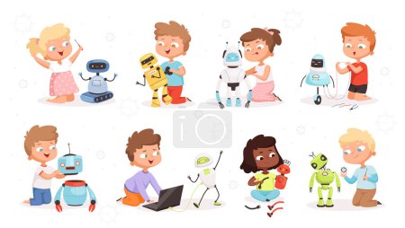 Ilustración de Programación de robots para niños. Futura tecnología proceso educativo niños modelado o reparación de juguetes robóticos vector ciencia caracteres conceptuales. Cyborg de programación infantil, ilustración de tecnología robótica - Imagen libre de derechos