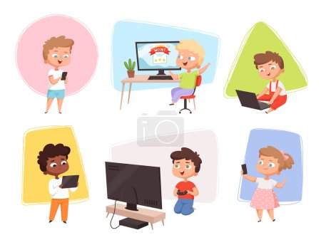 Illustration for Kids with gadgets. Future technology children using laptop smartphone pc and electronic tablet vector cartoon illustration. Kids with laptop and computer, gadget and pc - Royalty Free Image