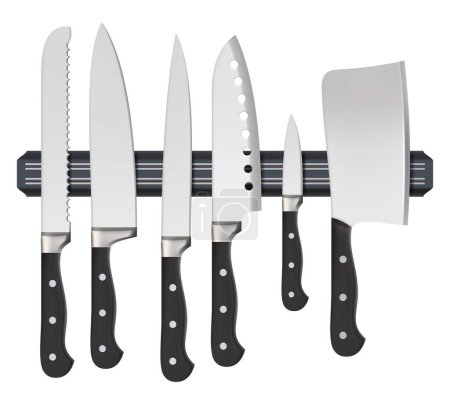Illustration for Kitchen knife. Iron restaurant utensil silhouette of sharp metallic knives realistic collection. Illustration knife sharp, metal equipment stainless - Royalty Free Image