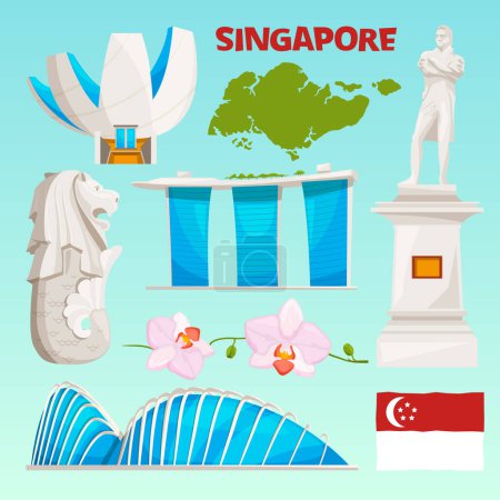 Ilustración de Conjunto de iconos emblemáticos de Singapur. Objetos culturales de dibujos animados aislados en blanco. Edificio de paisaje urbano vectorial, famosa ilustración de arquitectura emblemática - Imagen libre de derechos