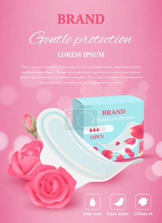 Illustration for Ladies tampon ads. Woman hygiene products advertizing placard soft fresh pads or tampon for daily comforting sanitary activities vector realistic. Cotton absorbent menstruation period illustration - Royalty Free Image