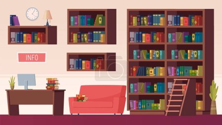 Illustration for Library interior. Book shelves, info point with computer. Reading or study room vector illustration. Library book, shelf interior, bookshelf school - Royalty Free Image