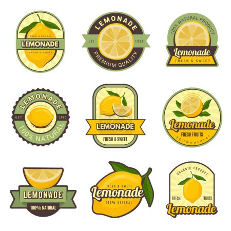 Illustration for Lemon labels. Retro badges for cold juice drinks lemonade stamps for restaurant menu vector decoration set. Illustration of lemonade sweet set badge, marketing fresh label juice - Royalty Free Image