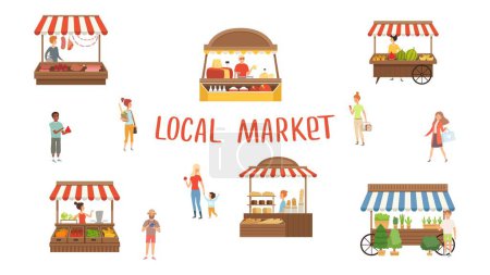 Illustration for Local market. Food festival, sellers and customers. Summer street stalls vector illustration. Local market, stand kiosk with meat and milk - Royalty Free Image